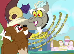 Size: 1550x1149 | Tagged: safe, artist:playfingers, discord, oc, oc:dell, deer, draconequus, g4, duo, grin, looking up, male, non-mlp oc, smiling, speech