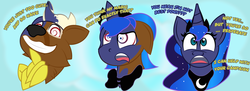 Size: 3034x1101 | Tagged: safe, artist:playfingers, discord, princess luna, oc, oc:dell, alicorn, deer, pony, g4, bust, character to character, d:, dialogue, disembodied hand, ethereal mane, female, furry, furry oc, furry to pony, grin, hand, male, male to female, mare, mind control, non-mlp oc, open mouth, peytral, rule 63, smiling, starry mane, transformation, transformation sequence, transgender transformation, wide eyes