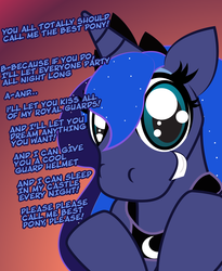 Size: 1731x2107 | Tagged: safe, artist:playfingers, princess luna, alicorn, pony, g4, brainwashed, colored pupils, ethereal mane, female, floppy ears, gradient background, grin, looking at you, mare, orange background, peytral, sidemouth, simple background, smiling, solo, speech, starry mane, text, transformed, wide eyes