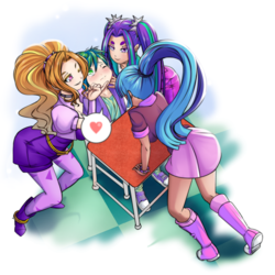 Size: 2060x2060 | Tagged: safe, artist:0ryomamikado0, adagio dazzle, aria blaze, sonata dusk, spike, human, equestria girls, g4, adagiospike, anime, ara ara, ariaspike, bedroom eyes, blushing, boots, clothes, converse, female, heart, high res, human coloration, humanized, leggings, legs, lucky bastard, male, miniskirt, pictogram, pigtails, ponytail, shipping, shoes, skirt, socks, spike gets all the sirens, spinata, straight