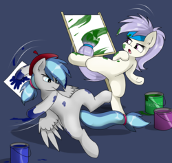 Size: 2968x2808 | Tagged: safe, artist:pencil bolt, oc, oc:artstina, oc:dusty color, earth pony, pegasus, pony, beret, bucket, color, color bucket, dustina, female, fighting stance, hat, headband, high res, male, mare, painting, stallion, wings