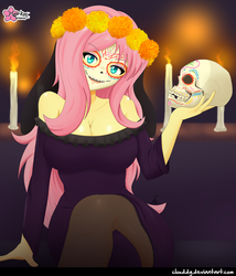 Size: 1083x1265 | Tagged: safe, artist:clouddg, fluttershy, human, equestria girls, g4, bare shoulders, big breasts, breasts, busty fluttershy, cempasúchil, cleavage, clothes, dia de los muertos, dress, face paint, female, holiday, looking at you, multiple variants, signature, skull, solo