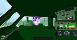 Size: 2732x1436 | Tagged: safe, artist:dianetgx, starlight glimmer, pony, g4, buttons, cabin, engineer, female, glimmy, lever, locomotive, looking at you, mare, mechanical, meme, panel, train, vehicle, window
