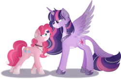 Size: 2328x1521 | Tagged: safe, artist:sh3llysh00, pinkie pie, twilight sparkle, alicorn, earth pony, pony, g4, alternate design, chest fluff, eye contact, female, horn, horn ring, leonine tail, lesbian, looking at each other, mare, pale belly, scrunchy face, ship:twinkie, shipping, simple background, size difference, smiling, transparent background, twilight sparkle (alicorn)