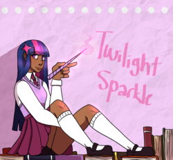 Size: 2800x2600 | Tagged: safe, artist:bubblesthealicorn, twilight sparkle, human, g4, beautiful, blushing, book, clothes, compression shorts, cute, dark skin, female, flats, high res, horn wand, humanized, magic wand, mary janes, miniskirt, necktie, pleated skirt, shirt, shorts, sitting, skirt, skirt lift, socks, solo, thighs, vest