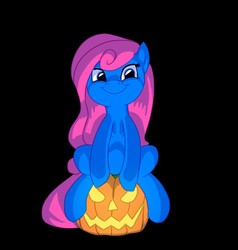 Size: 775x815 | Tagged: safe, artist:carnifex, oc, oc only, oc:bubble pop, earth pony, pony, black background, commission, female, halloween, holiday, jack-o-lantern, looking at you, mare, pumpkin, simple background, sitting, smiling, solo