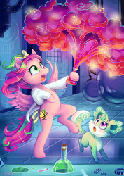 Size: 1316x1860 | Tagged: safe, artist:c-puff, oc, oc:gadget, oc:precious metal, pegasus, pony, beaker, bow, chemicals, chemistry, duo, erlenmeyer flask, experiment gone wrong, hair bow, multicolored hair, test tube