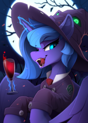 Size: 1640x2290 | Tagged: safe, artist:yakovlev-vad, princess luna, alicorn, pony, vampire, g4, blood, clothes, costume, fangs, female, full moon, glass, glowing, glowing horn, halloween, halloween costume, harry potter (series), hat, holiday, horn, levitation, licking, licking lips, looking at you, magic, magic aura, mare, moon, night, nightmare night, open mouth, robe, s1 luna, slender, slytherin, solo, telekinesis, thin, tongue out, wine glass, wings, witch, witch hat