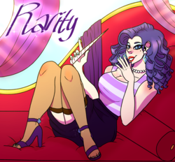 Size: 2800x2600 | Tagged: safe, artist:bubblesthealicorn, rarity, human, g4, alternate hairstyle, beauty mark, breasts, busty rarity, cleavage, clothes, couch, ear piercing, earring, eyeshadow, fainting couch, female, high heels, high res, horn wand, humanized, jewelry, lipstick, magic wand, makeup, miniskirt, nail polish, necklace, piercing, red lipstick, shirt, shoes, skirt, sleeveless, socks, solo, stockings, thigh highs