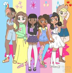 Size: 893x895 | Tagged: safe, artist:lolitablue, applejack, fluttershy, pinkie pie, rainbow dash, rarity, twilight sparkle, human, g4, alternate hairstyle, applejack's hat, belly button, book, boots, clothes, converse, cowboy hat, cute, dark skin, dashabetes, denim shorts, diapinkes, diversity, dress, ear piercing, earring, female, flannel, flats, freckles, grin, hat, high heel boots, humanized, jackabetes, jewelry, long skirt, mane six, mary janes, midriff, miniskirt, mismatched socks, natural hair color, one eye closed, open mouth, overalls, piercing, plaid skirt, pleated skirt, raribetes, shirt, shoes, shorts, shyabetes, skirt, sleeveless, smiling, socks, sports bra, sports shorts, stockings, sweater, sweatershy, t-shirt, thigh highs, twiabetes, wall of tags, wink, zettai ryouiki