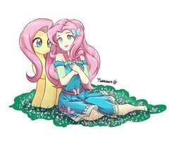 Size: 4388x3600 | Tagged: safe, artist:ltakkikun, artist:takkikun, fluttershy, human, pegasus, pony, equestria girls, g4, my little pony equestria girls: better together, barefoot, cute, feet, female, geode of fauna, grass, hand on chest, high res, human coloration, human ponidox, humanized, magical geodes, mare, open mouth, pixiv, self ponidox, shyabetes, sitting, smiling
