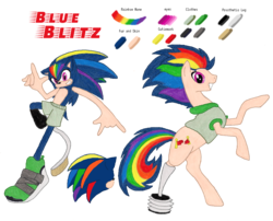 Size: 1024x829 | Tagged: safe, artist:spqr21, oc, oc:blue blitz, earth pony, hedgehog, pegasus, pony, amputee, crossover, devil horn (gesture), interspecies offspring, male, multicolored hair, offspring, parent:rainbow dash, parent:sonic the hedgehog, parents:sonicdash, prosthetic limb, prosthetics, rainbow hair, rearing, reference sheet, simple background, sonic the hedgehog, sonic the hedgehog (series), story included, transparent background
