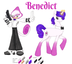 Size: 1024x907 | Tagged: safe, artist:spqr21, oc, oc:benedict, chameleon, pony, unicorn, bowtie, clothes, crossover, glowing horn, gun, horn, interspecies offspring, male, offspring, parent:espio the chameleon, parent:rarity, reference sheet, sonic the hedgehog, sonic the hedgehog (series), spiked wristband, stallion, story included, weapon, wristband