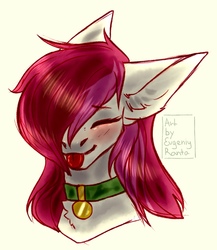 Size: 1315x1513 | Tagged: safe, artist:evgeniy_ranta, roseluck, earth pony, pony, g4, big ears, blushing, bust, chest fluff, collar, commissioner:doom9454, cute, ear fluff, eyes closed, female, hair over one eye, mare, pet tag, pony pet, portrait, rosabetes, rosepet, solo, tongue out