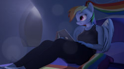 Size: 3840x2160 | Tagged: safe, artist:helioseusebio, rainbow dash, anthro, plantigrade anthro, g4, 3d, barefoot, feet, female, high res, series finale blues, solo, source filmmaker