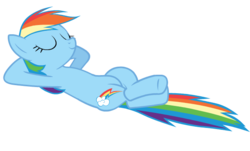 Size: 650x392 | Tagged: safe, artist:sasha-flyer, rainbow dash, pegasus, pony, g4, animated, animated png, female, folded wings, hooves behind head, lying down, mare, on back, one eye closed, relaxed, simple background, solo, transparent background, vector, wings