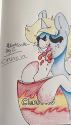 Size: 1154x2048 | Tagged: safe, artist:nootaz, oc, oc only, oc:nootaz, pony, unicorn, bag, cheetos, chips, eating, female, flamin' hot cheetos, food, mare, nootvember, nootvember 2019, simple background, solo, traditional art, white background
