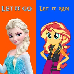 Size: 768x768 | Tagged: safe, artist:thatradhedgehog, sunset shimmer, equestria girls, g4, let it rain, my little pony equestria girls: better together, blue background, clothes, dress, elsa, female, frozen (movie), hand on hip, jacket, let it go, red background, simple background, skirt