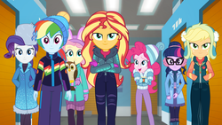 Size: 1920x1080 | Tagged: safe, screencap, applejack, chad (g4), fluttershy, pinkie pie, rainbow dash, rarity, sci-twi, sunset shimmer, twilight sparkle, bird, owl, equestria girls, equestria girls specials, g4, my little pony equestria girls: better together, my little pony equestria girls: holidays unwrapped, winter break-in, clothes, female, humane five, humane seven, humane six, self-storage facility, walking, winter outfit
