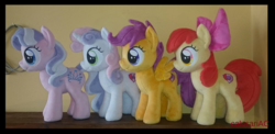 Size: 1808x884 | Tagged: safe, artist:calusariac, apple bloom, diamond tiara, scootaloo, sweetie belle, earth pony, pegasus, pony, unicorn, g4, bow, cutie mark, cutie mark crusaders, hair bow, irl, photo, plushie, the cmc's cutie marks