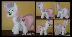Size: 1808x936 | Tagged: safe, artist:calusariac, sweetie belle, pony, unicorn, g4, cutie mark, irl, photo, plushie, solo, the cmc's cutie marks