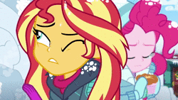 Size: 1280x720 | Tagged: safe, screencap, apple bloom, bon bon, lyra heartstrings, photo finish, pinkie pie, snails, sunset shimmer, sweetie drops, trixie, winona, dog, equestria girls, equestria girls specials, g4, my little pony equestria girls: better together, my little pony equestria girls: holidays unwrapped, saving pinkie's pie, animated, cute, saving private ryan, slow motion, snow, snowball, snowball fight, sound, war, webm, winonabetes, you know for kids