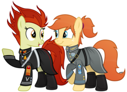 Size: 5800x4200 | Tagged: safe, artist:a4r91n, oc, oc only, oc:home sweet, oc:para focului, earth pony, pony, boots, clothes, cute, freckles, looking at each other, medal, military uniform, ponytail, raised hoof, shoes, simple background, skirt, transparent background, uniform, vector