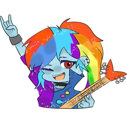 Size: 1500x1500 | Tagged: safe, artist:ken050415, rainbow dash, equestria girls, friendship through the ages, g4, bracelet, bust, cute, dashabetes, devil horn (gesture), ear piercing, electric guitar, female, guitar, jewelry, musical instrument, one eye closed, open mouth, piercing, pixiv, rainbow punk, simple background, solo, white background, wink, wristband