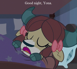 Size: 576x512 | Tagged: safe, edit, edited screencap, editor:korora, screencap, yona, yak, 2 4 6 greaaat, g4, bed, bow, cloven hooves, cropped, cute, female, hair bow, monkey swings, pillow, school of friendship, sleeping, solo, text, yonadorable