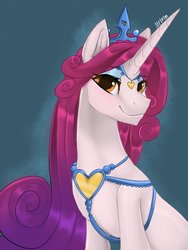 Size: 1536x2048 | Tagged: safe, artist:siripim111, idw, princess amore, pony, unicorn, g4, crown, cute, eyeshadow, female, horn, idw showified, jewelry, long horn, long mane, makeup, mare, regalia, smiling, solo