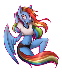 Size: 1000x1158 | Tagged: safe, artist:zloi-wolk, rainbow dash, pegasus, anthro, g4, arm behind head, blushing, breasts, chillaxing, clothes, delicious flat chest, female, looking at you, mare, midriff, shorts, simple background, smiling, solo, sports shorts, white background