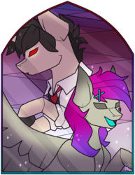 Size: 785x1018 | Tagged: safe, artist:ak4neh, oc, oc only, oc:leon, oc:shyluna, pegasus, pony, unicorn, couple, female, male, mare, simple background, stained glass, stallion, straight, transparent background