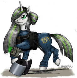 Size: 2415x2457 | Tagged: safe, artist:edhelistar, derpibooru exclusive, oc, oc only, oc:platinum law, pony, unicorn, fallout equestria, fallout equestria: dark shroud, baton, bulletproof vest, clothes, commission, dock, emerald eyes, female, gray mane, green mane, high res, jumpsuit, kanji, mare, mixed media, pipboy, pipbuck, police baton, riot gear, signature, simple background, solo, stable-tec, tengwar, vault security armor, vault suit, white background, white coat