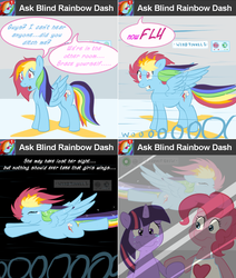 Size: 1002x1180 | Tagged: safe, artist:pippy, pinkie pie, rainbow dash, twilight sparkle, pony, pinkiepieskitchen, g4, apron, askblinddash, blind, clothes, comic, crying, flying, tears of joy, wind tunnel