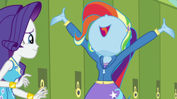 Size: 1920x1080 | Tagged: safe, screencap, rarity, trixie, best trends forever, best trends forever: rainbow dash, equestria girls, g4, my little pony equestria girls: better together, 1080p, bracelet, canterlot high, clothes, duo, duo female, female, geode of shielding, hallway, hoodie, jewelry, lockers, magical geodes, nose in the air, open mouth, rainbow wig, wig
