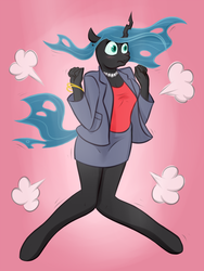 Size: 2250x3000 | Tagged: safe, artist:maximussolini, queen chrysalis, changeling, changeling queen, anthro, unguligrade anthro, g4, blushing, business suit, businessalis, clothes, cute, cutealis, female, high res, legs, miniskirt, poof, skirt, solo, suit, surprised