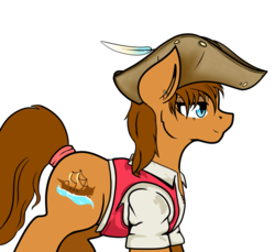Size: 3200x2929 | Tagged: safe, artist:chaosmauser, oc, oc only, oc:golden sails, pony, author:britanon, comedy, hat, high res, pirate, pirate hat, solo, story included
