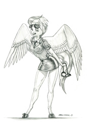 Size: 1000x1359 | Tagged: safe, artist:baron engel, misty fly, pegasus, anthro, unguligrade anthro, g4, breasts, clothes, cute, female, goggles, legs, looking at you, mare, miniskirt, monochrome, open mouth, pencil drawing, shirt, shoes, short hair, skirt, solo, sunglasses, thighs, traditional art, uniform, uniform fetish, wonderbolts dress uniform