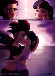 Size: 1537x2114 | Tagged: safe, artist:ringteam, tempest shadow, twilight sparkle, human, g4, belly button, clothes, comic, duo, eyes closed, female, humanized, kiss on the lips, kissing, lesbian, looking at each other, ship:tempestlight, shipping, shirt, smiling
