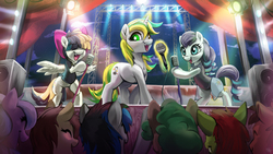 Size: 2000x1125 | Tagged: safe, artist:fidzfox, coloratura, songbird serenade, oc, oc:green stars, earth pony, pegasus, pony, unicorn, g4, my little pony: the movie, audience, commission, concert, crowd, eyes closed, female, glowing horn, hair over eyes, horn, levitation, lights, magic, mare, microphone, open mouth, rara, stage, telekinesis