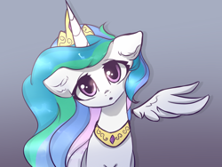 Size: 1280x960 | Tagged: dead source, safe, artist:radioaxi, princess celestia, alicorn, pony, g4, :o, crown, cute, cutelestia, ear fluff, female, floating wings, gray background, hnnng, jewelry, looking at you, mare, open mouth, peytral, regalia, simple background, solo, wings
