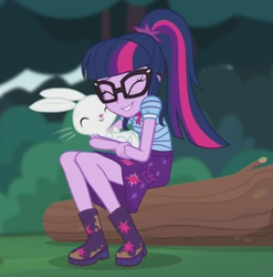 Size: 338x342 | Tagged: safe, screencap, angel bunny, sci-twi, twilight sparkle, equestria girls, g4, my little pony equestria girls: choose your own ending, stressed in show, stressed in show: fluttershy, angelbetes, boots, clothes, cropped, cute, eyes closed, glasses, log, mud, ponytail, shoes, skirt, twiabetes