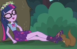 Size: 325x207 | Tagged: safe, screencap, harry, sci-twi, twilight sparkle, squirrel, equestria girls, g4, my little pony equestria girls: choose your own ending, stressed in show, stressed in show: fluttershy, boots, bush, clothes, cropped, eyes closed, floral head wreath, flower, glasses, mud, open mouth, ponytail, shoes, skirt, sleeping, wreath
