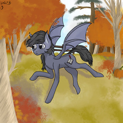 Size: 828x828 | Tagged: safe, artist:harmacist, bat pony, pony, autumn, fence, holiday, leaves, pumpkin, solo, thanksgiving, tree