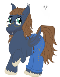 Size: 900x1150 | Tagged: safe, artist:sixes&sevens, bat pony, pony, barry bluejeans, belt, clothes, glasses, jeans, male, mullet, pants, ponified, simple background, spoilers for another series, stubble, the adventure zone, transparent background