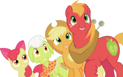Size: 6851x4315 | Tagged: safe, artist:squeemishness, apple bloom, applejack, big macintosh, granny smith, earth pony, pony, baby cakes, g4, apple bloom's bow, apple family, applejack's hat, bow, cowboy hat, hair bow, hat, neckerchief, simple background, smiling, transparent background, vector