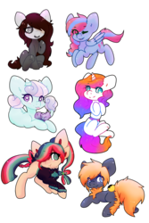 Size: 1272x1904 | Tagged: safe, artist:pomrawr, oc, oc only, earth pony, pegasus, pony, unicorn, :p, bandage, blushing, bow, clothes, earth pony oc, ethereal mane, eye clipping through hair, hair bow, hair over one eye, horn, one eye closed, pegasus oc, prone, puffy cheeks, simple background, starry mane, tongue out, transparent background, unicorn oc, wings, wink