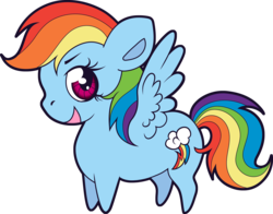 Size: 4296x3371 | Tagged: safe, artist:squeemishness, rainbow dash, pegasus, pony, g4, backwards cutie mark, chibi, female, looking at you, mare, open mouth, simple background, smiling, solo, spread wings, transparent background, wings