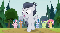 Size: 1183x647 | Tagged: safe, screencap, cucumber seed, kettle corn, mocha berry, rumble, skeedaddle, tulip swirl, earth pony, pegasus, pony, unicorn, g4, marks and recreation, colt, discovery family logo, female, filly, foal, male