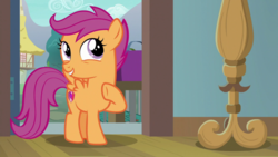Size: 1920x1080 | Tagged: safe, screencap, scootaloo, pegasus, pony, g4, the last crusade, cutie mark, female, filly, raised hoof, solo, the cmc's cutie marks